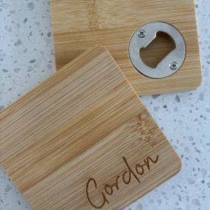 Personalised bottle opener wood coaster