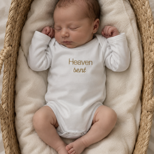 Heaven sent embroidered baby grow and wooden disk