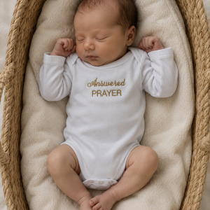 Answered prayer embroidered baby grow and announcement disk